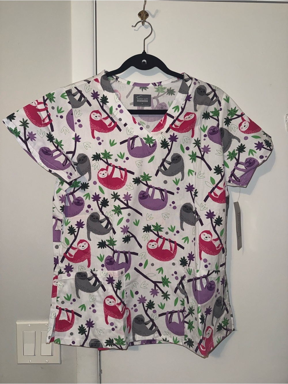 Butter Short Sleeve V-Neck Sloth Print Top - White, Pink, Purple, Gray, Green